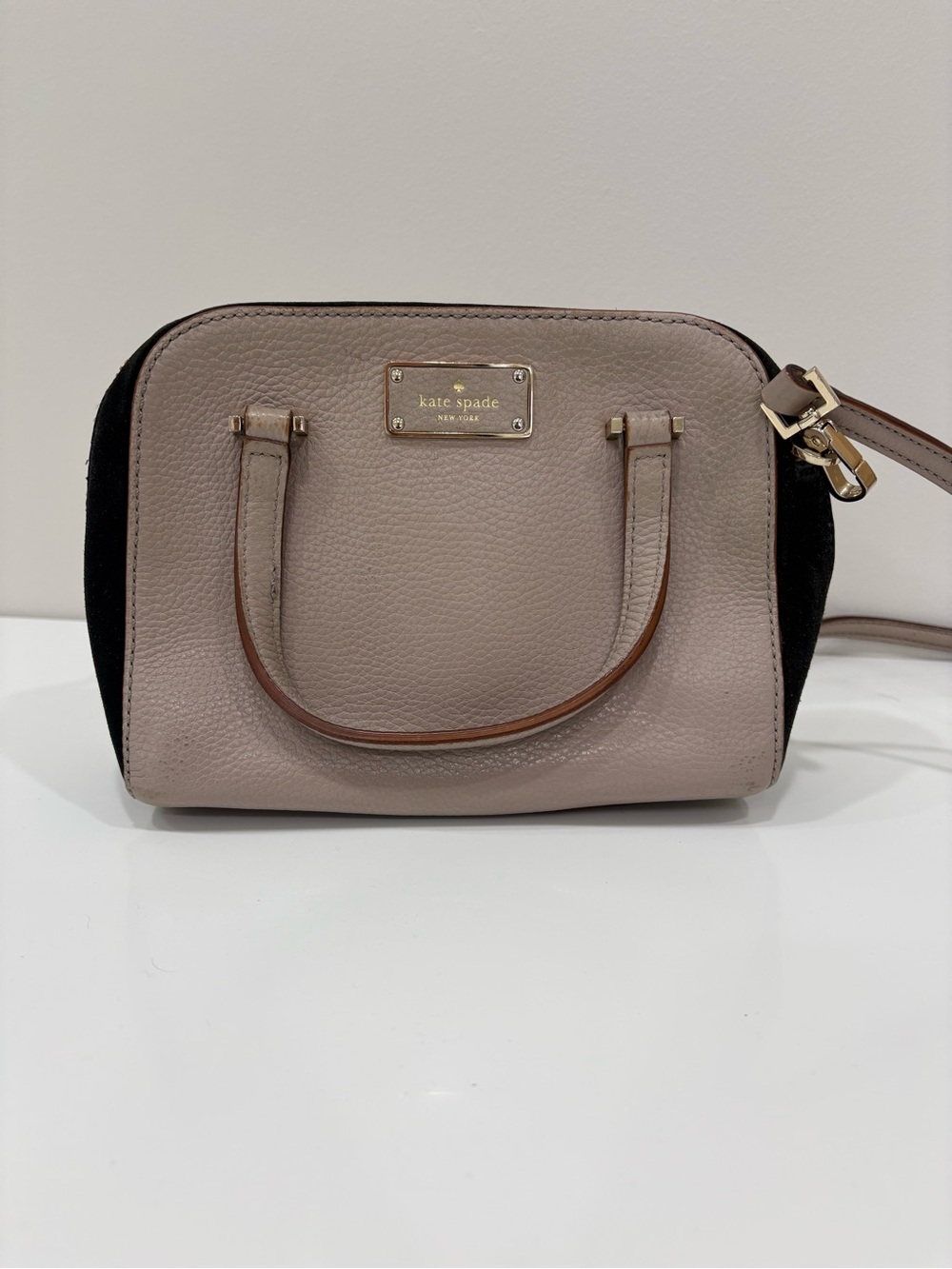 kate spade taupe and black  mini satchel with gold plaque hardware